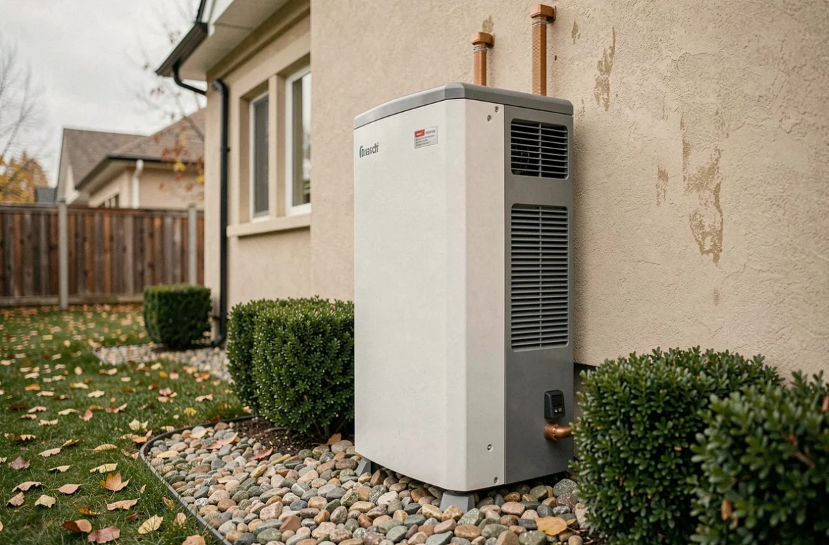 Pompe à chaleur air-eau installée sur la façade extérieure d'une maison contemporaine avec jardin en automne
