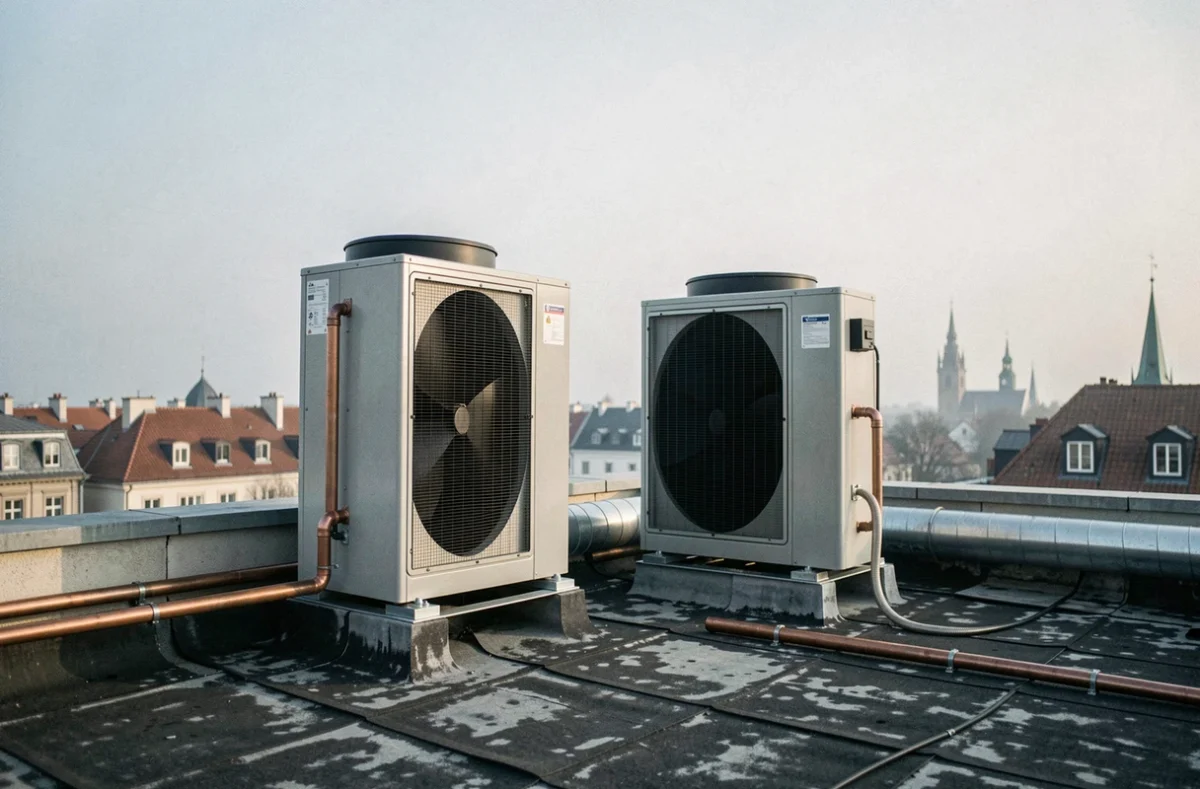 Unités de pompes à chaleur installées en toiture d'un immeuble collectif avec vue sur les toits d'une ville européenne
