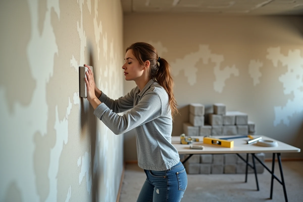 Femme ponçant un enduit séché sur un mur en parpaing intérieur lors de travaux de rénovation