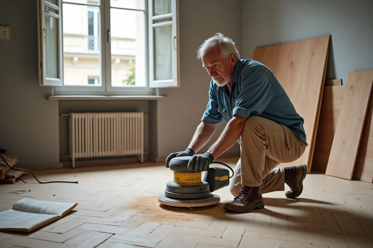Artisan utilisant une ponceuse de parquet en location dans un appartement parisien en cours de rénovation