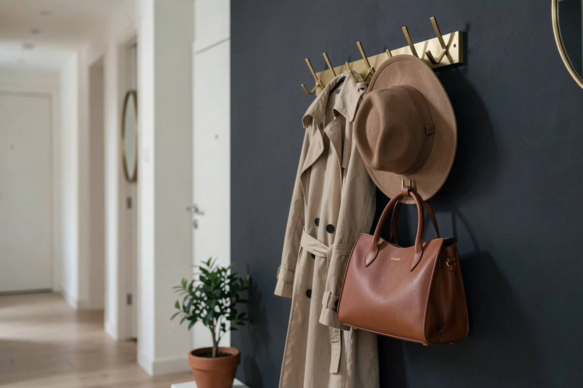 Entrée d'un appartement Airbnb avec porte-manteaux mural à crochets en laiton sur mur anthracite et décoration soignée