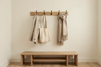 Porte-manteaux mural moderne en bois et métal noir installé dans un studio aux murs blancs avec parquet clair