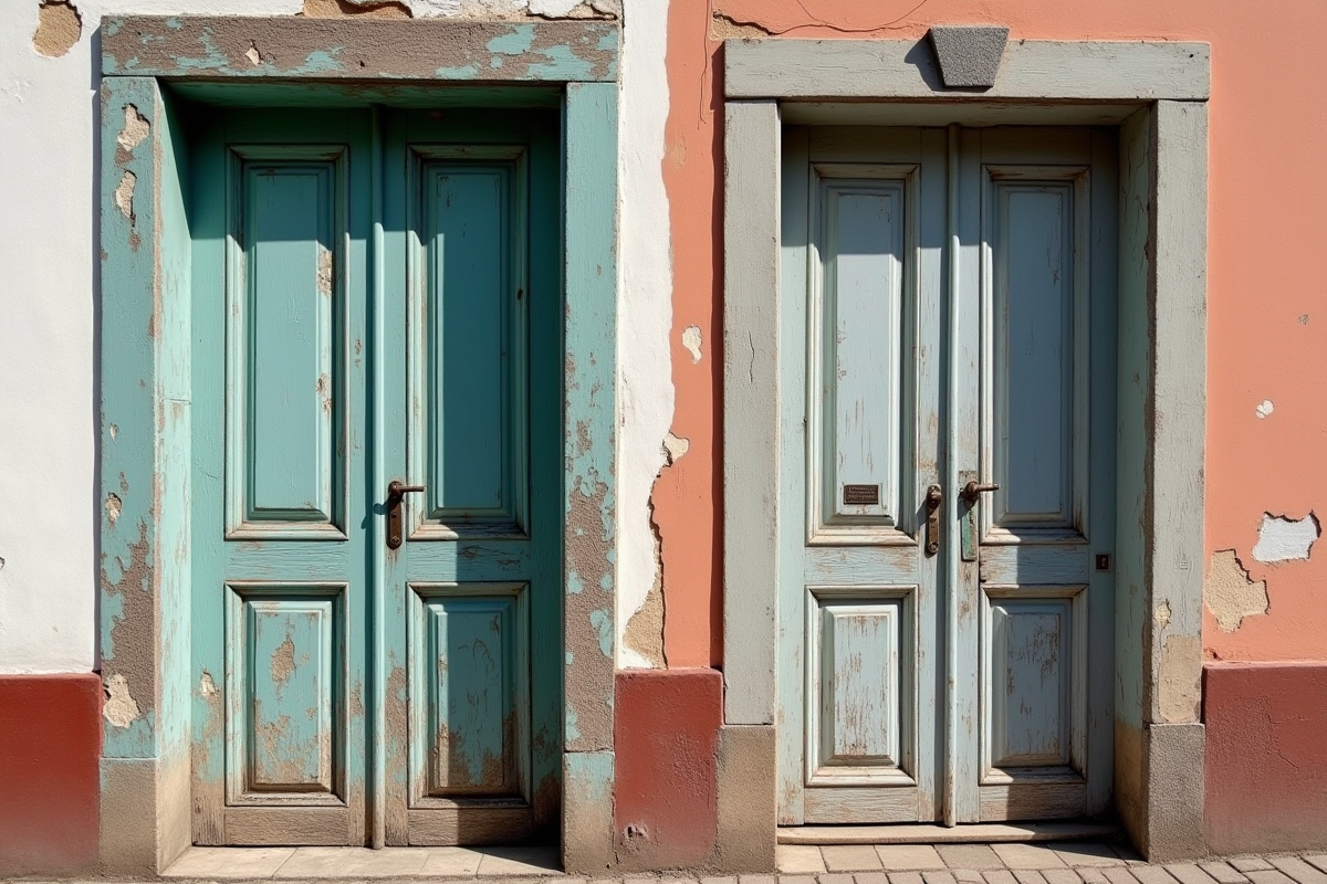 Porte en bois ancienne avec peinture écaillée contrastant avec une porte neuve brillante