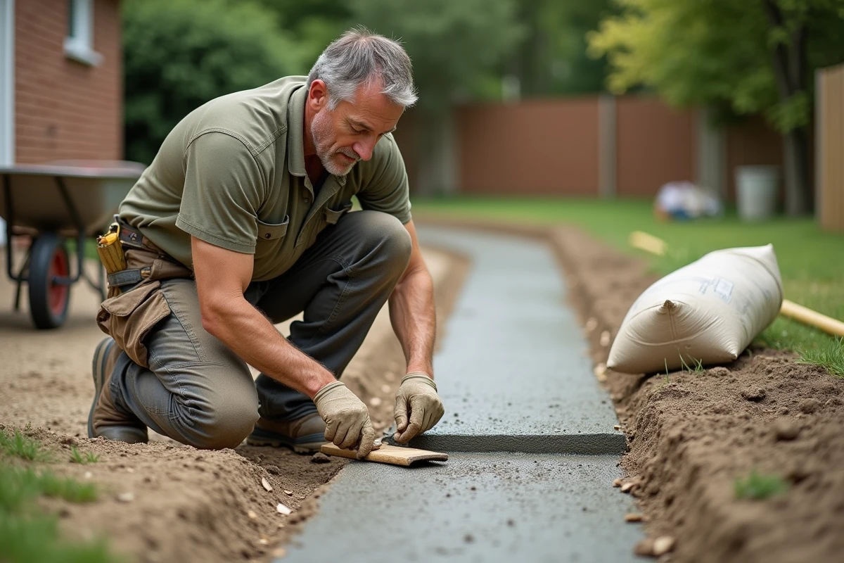 Artisan posant du béton drainant sur une allée résidentielle, avec matériaux et outils de chantier au premier plan