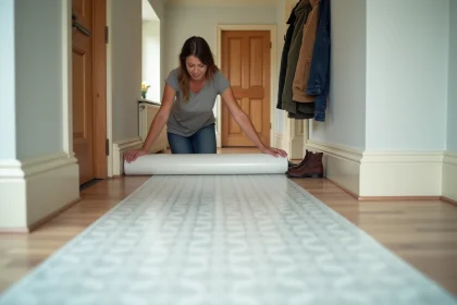 Femme posant un PVC d&eacute;coratif dans un couloir lumineux