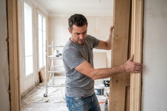 Homme en train de poser une porte battante en bois dans un couloir en cours de rénovation