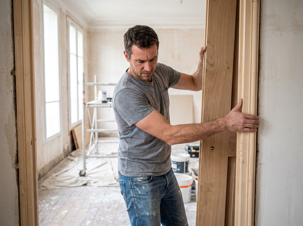 Homme en train de poser une porte battante en bois dans un couloir en cours de rénovation