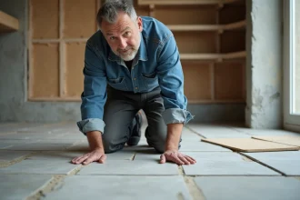 Homme moyen &acirc;ge poseur de carrelage dans un atelier