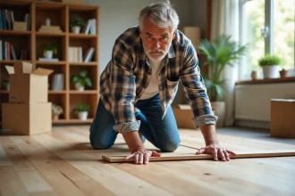 Homme posant un parquet en bois dans un salon lumineux