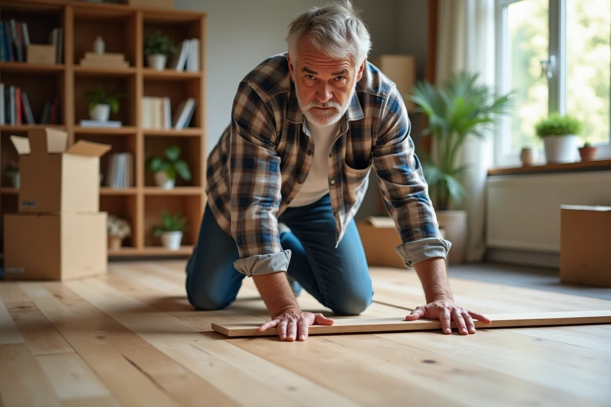 Homme posant un parquet en bois dans un salon lumineux