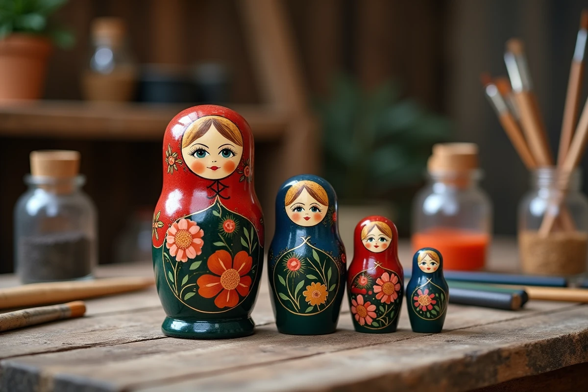 Ensemble de poupées russes matriochka peintes à la main, disposées en arc sur une table en bois dans un atelier artisanal, révélant leur emboîtement traditionnel