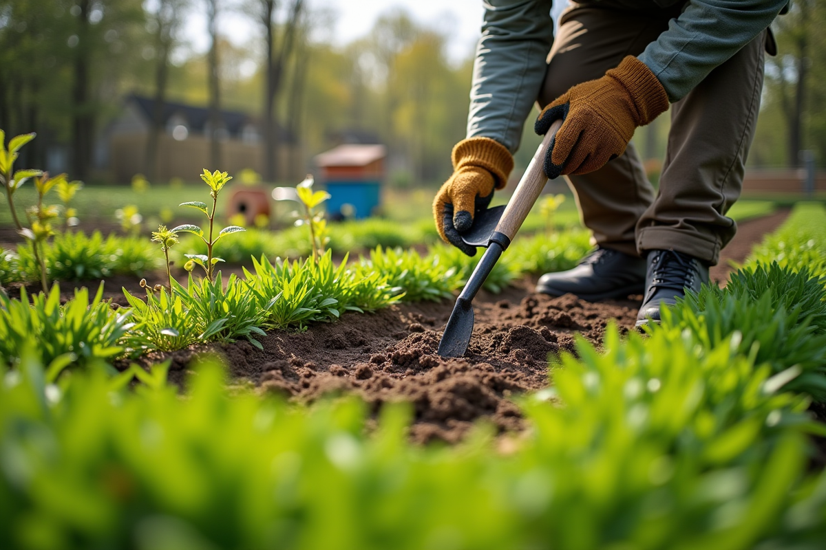 Jardinier préparant un champ vert pour permaculture avec outils