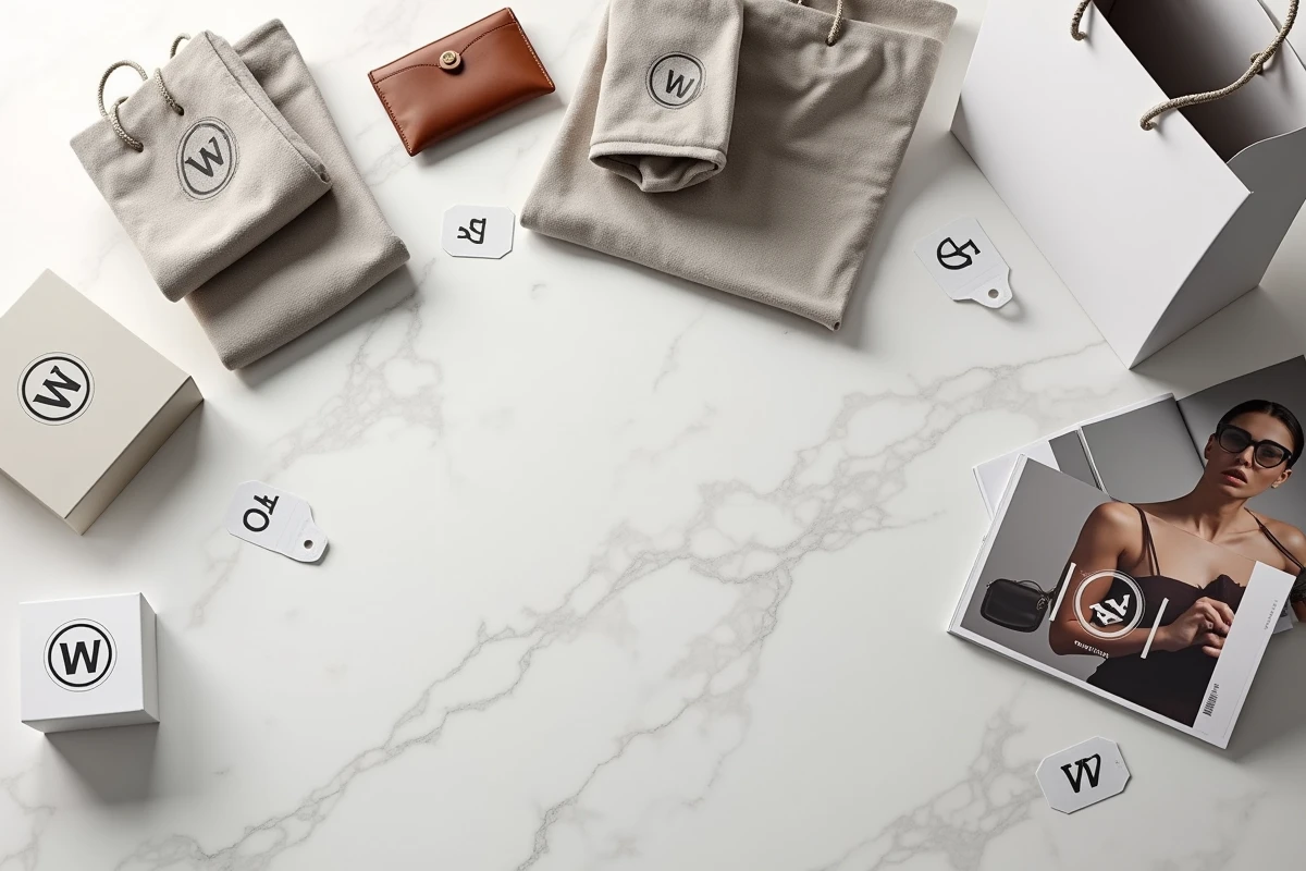 Plat posé de sacs et produits de marques en W sur surface en marbre
