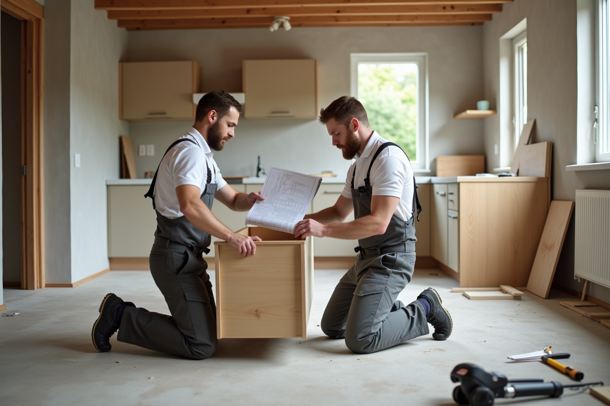 Deux professionnels planifiant une cuisine en construction