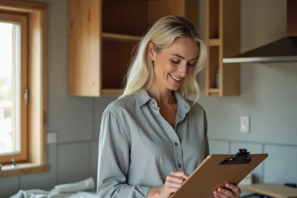 Propriétaire qui planifie une rénovation de cuisine avec un budget limité, consultant une estimation en ligne sur tablette