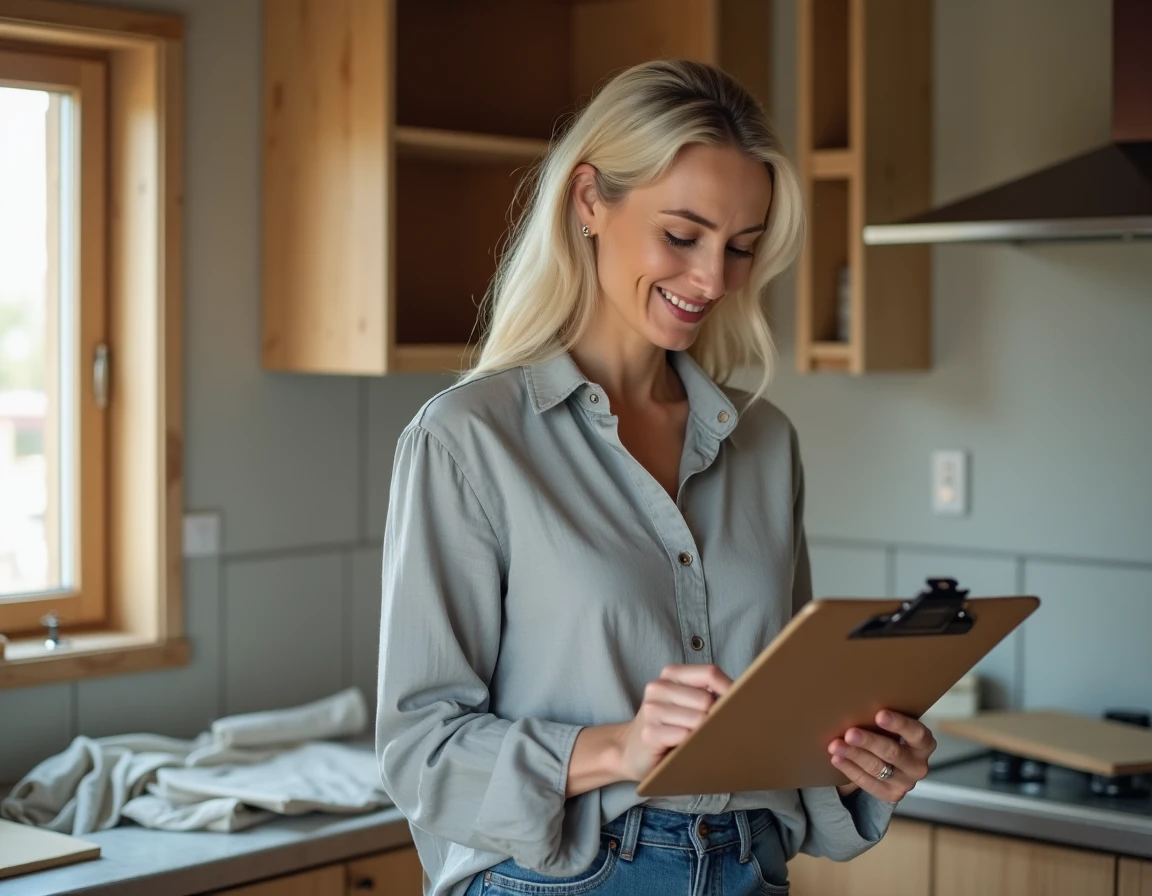 Propriétaire qui planifie une rénovation de cuisine avec un budget limité, consultant une estimation en ligne sur tablette