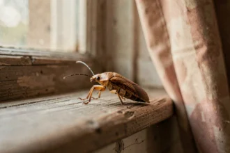 Punaise marron en gros plan sur un rebord de fenêtre en bois à l'intérieur d'une maison, détails de carapace visibles