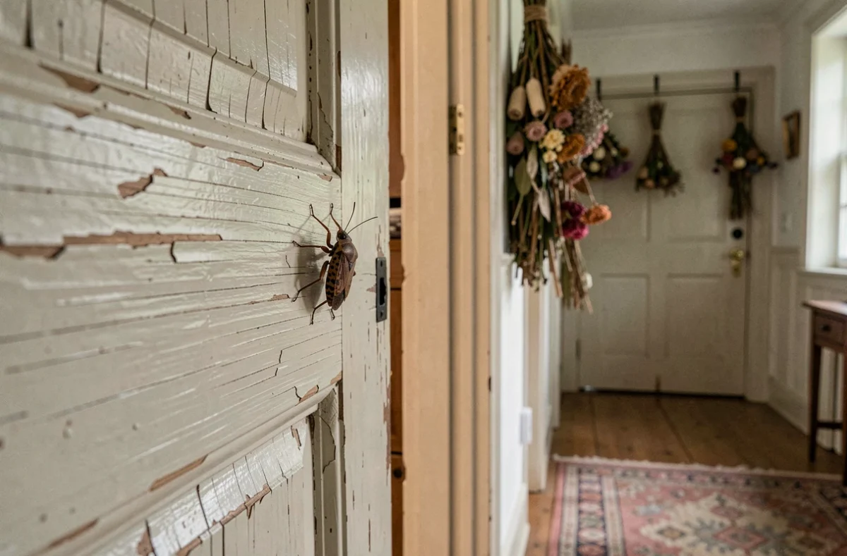 Punaise marron sur une porte en bois intérieure d'une maison ancienne, atmosphère rustique et spirituelle