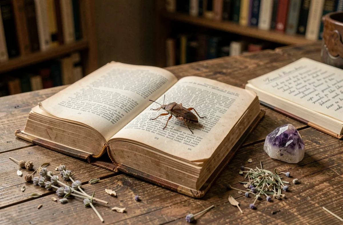 Punaise marron posée sur un livre ouvert entouré de cristaux et d'herbes séchées, symbolisme spirituel