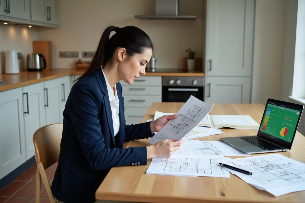 Femme professionnelle analysant un rapport d'évaluation énergétique sur une table avec des plans d'architecte pour une vente immobilière