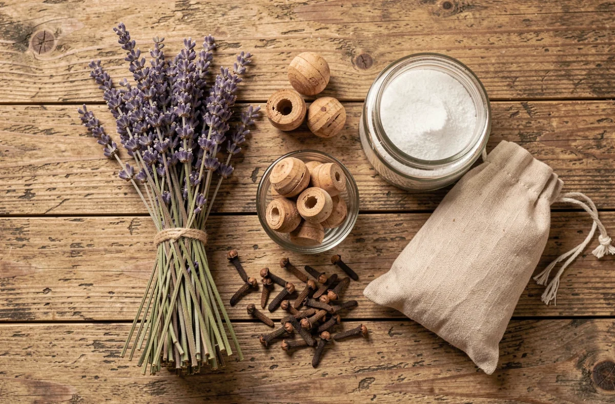 Remèdes naturels contre les mites présentés en flat lay avec lavande, cèdre, clous de girofle et bicarbonate de soude sur table en bois