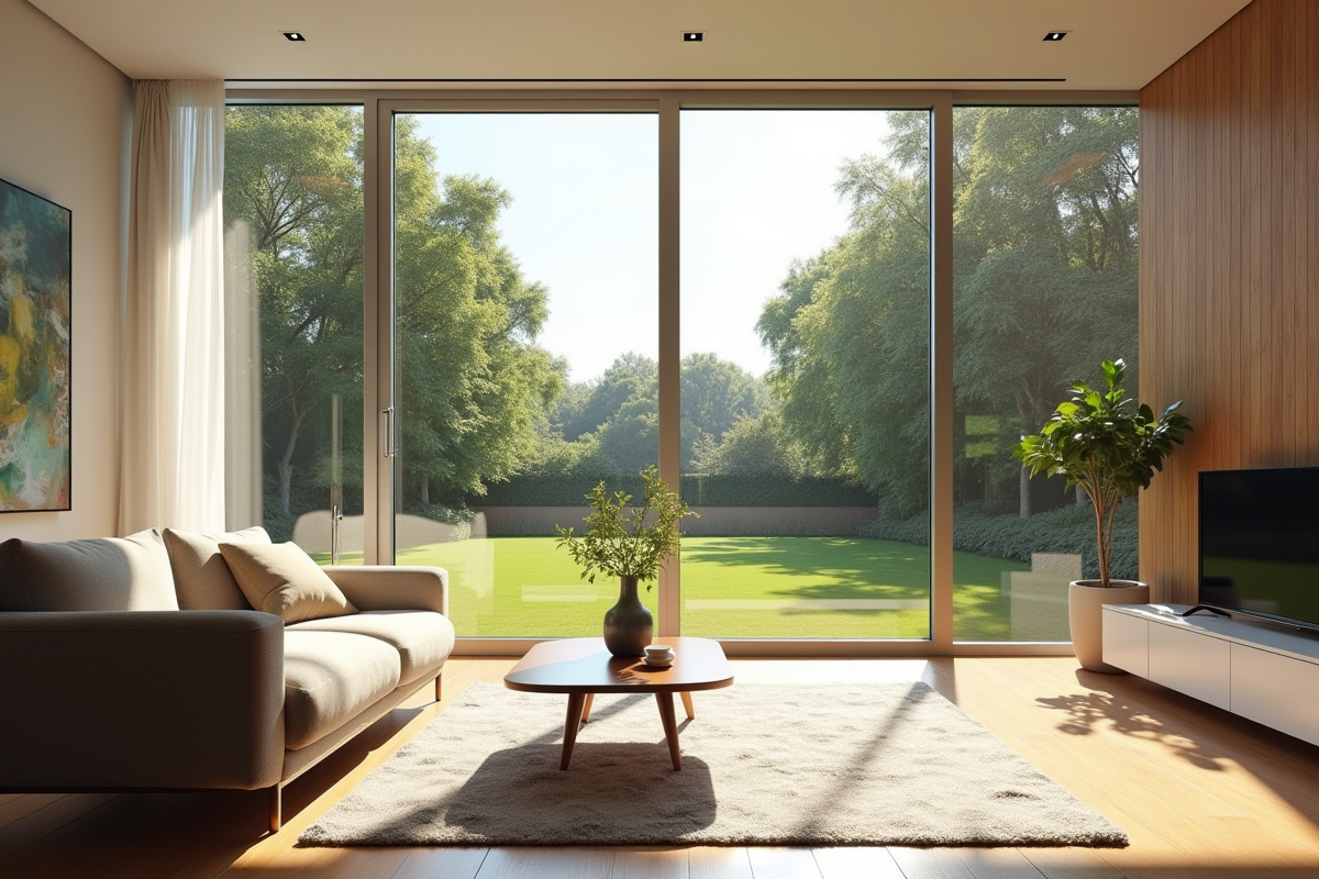 Salon moderne avec fenetres double vitrage laissant entrer la lumiere naturelle