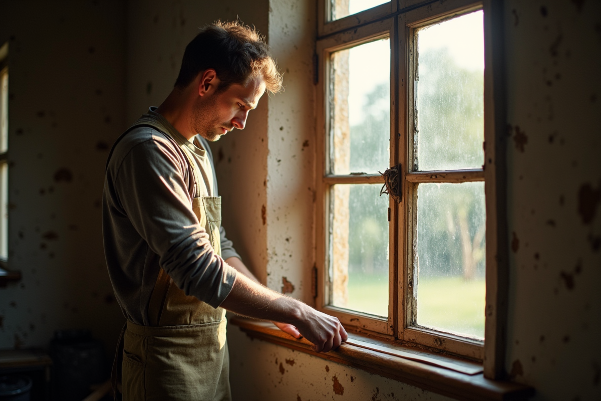 Artisan mesurant une ancienne fenetre en bois dans une maison lumineuse