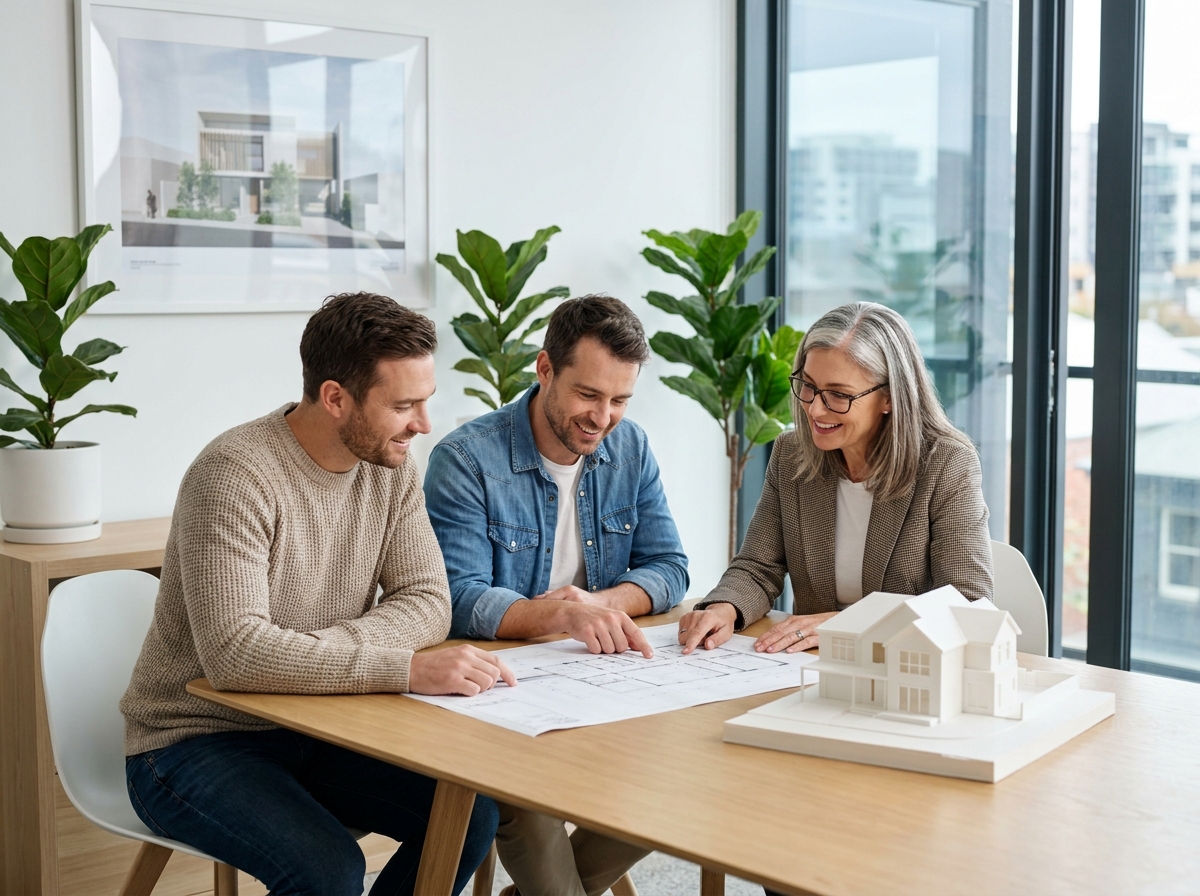 Couple en réunion avec une architecte pour concevoir leur maison individuelle