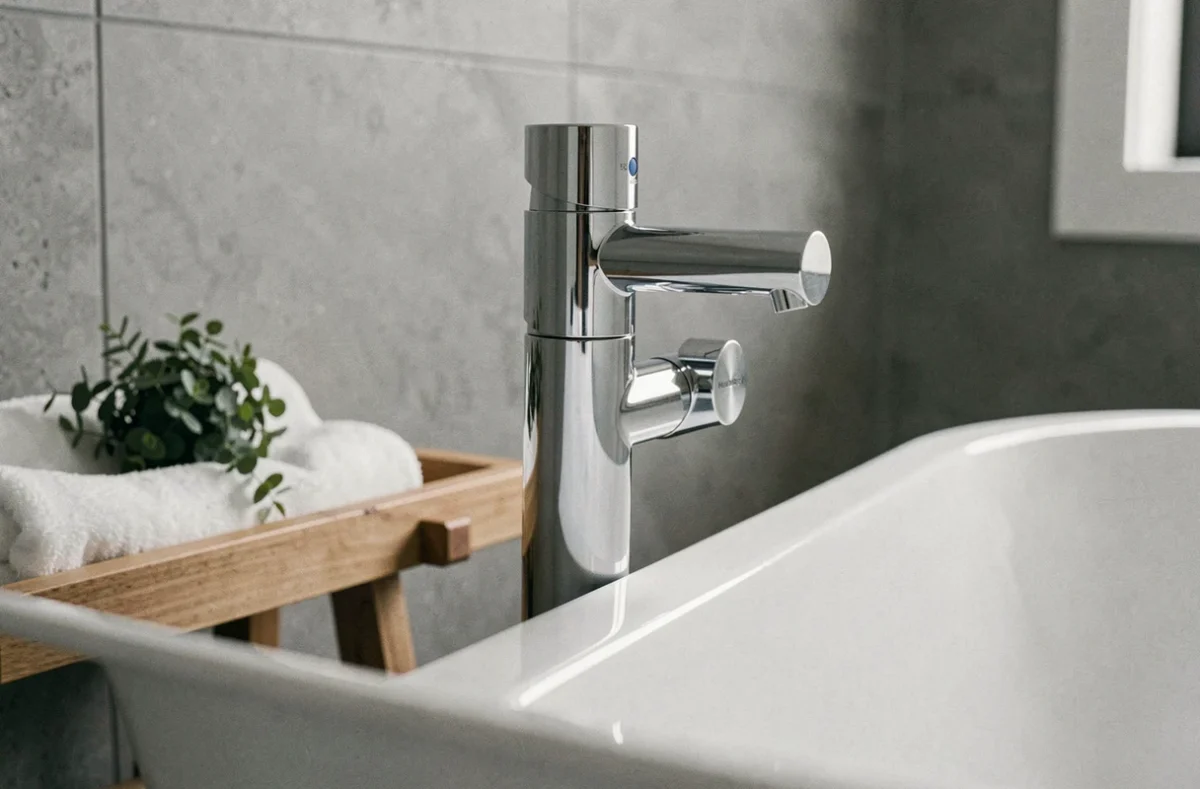 Robinet mitigeur thermostatique Hudson Reed en chrome poli monté sur une baignoire autoportante dans une salle de bains minimaliste