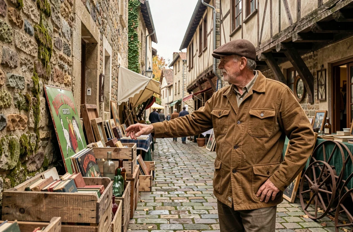 Chineur parcourant une ruelle pavée d'un village médiéval de l'Ain bordée de brocanteurs et d'objets anciens