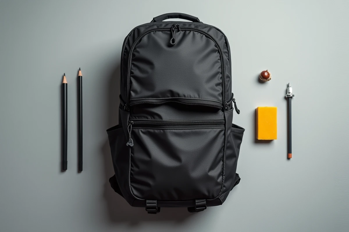 Vue du dessus d'un sac à dos avec fermeture éclair bloquée et outils pour la débloquer