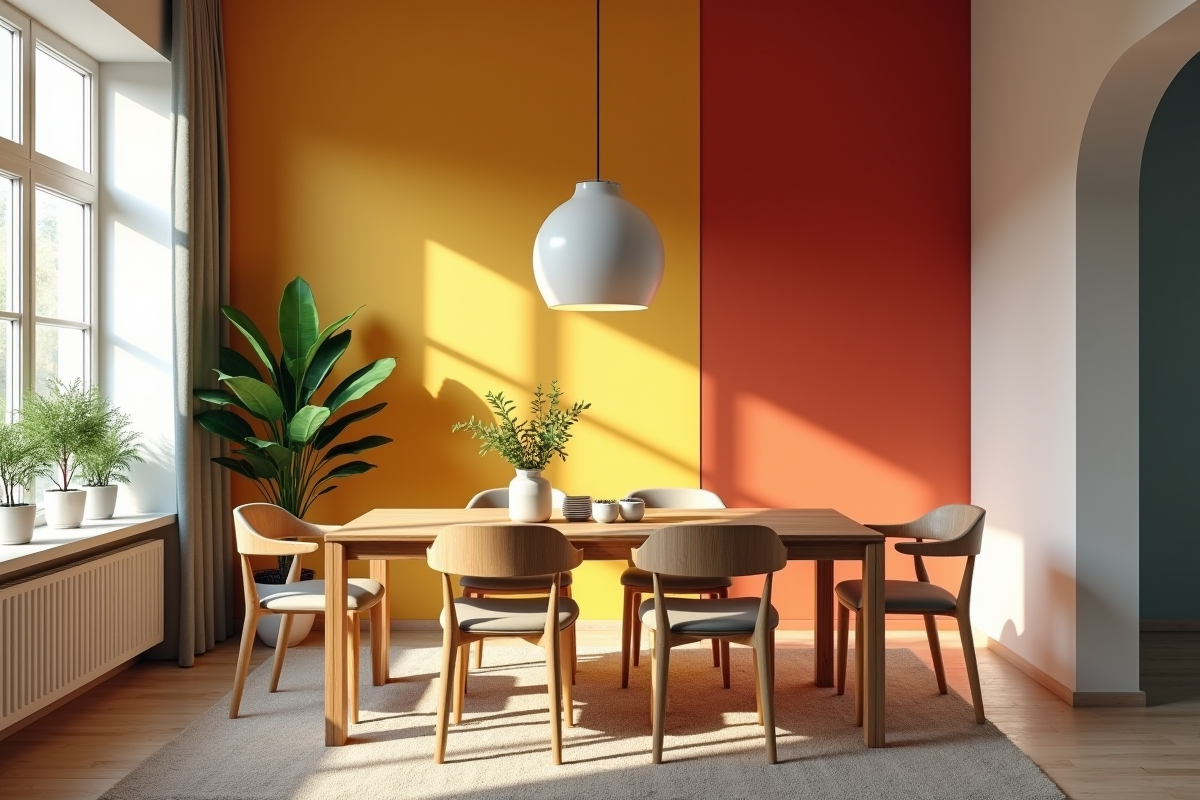 Salle a manger colorée avec murs vifs et table en bois