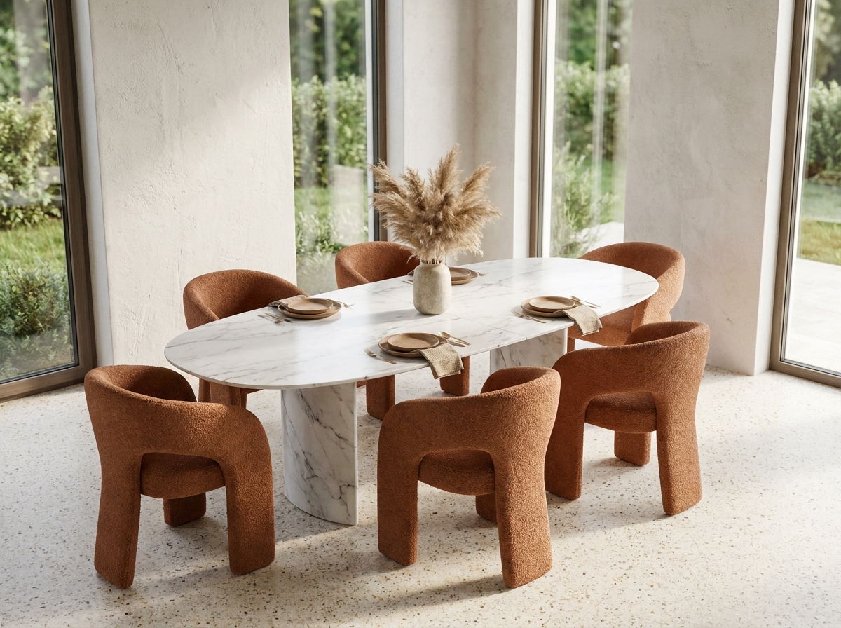 Salle à manger moderne avec une grande table en marbre de Carrare et des chaises en bouclé terracotta dans un espace ouvert lumineux
