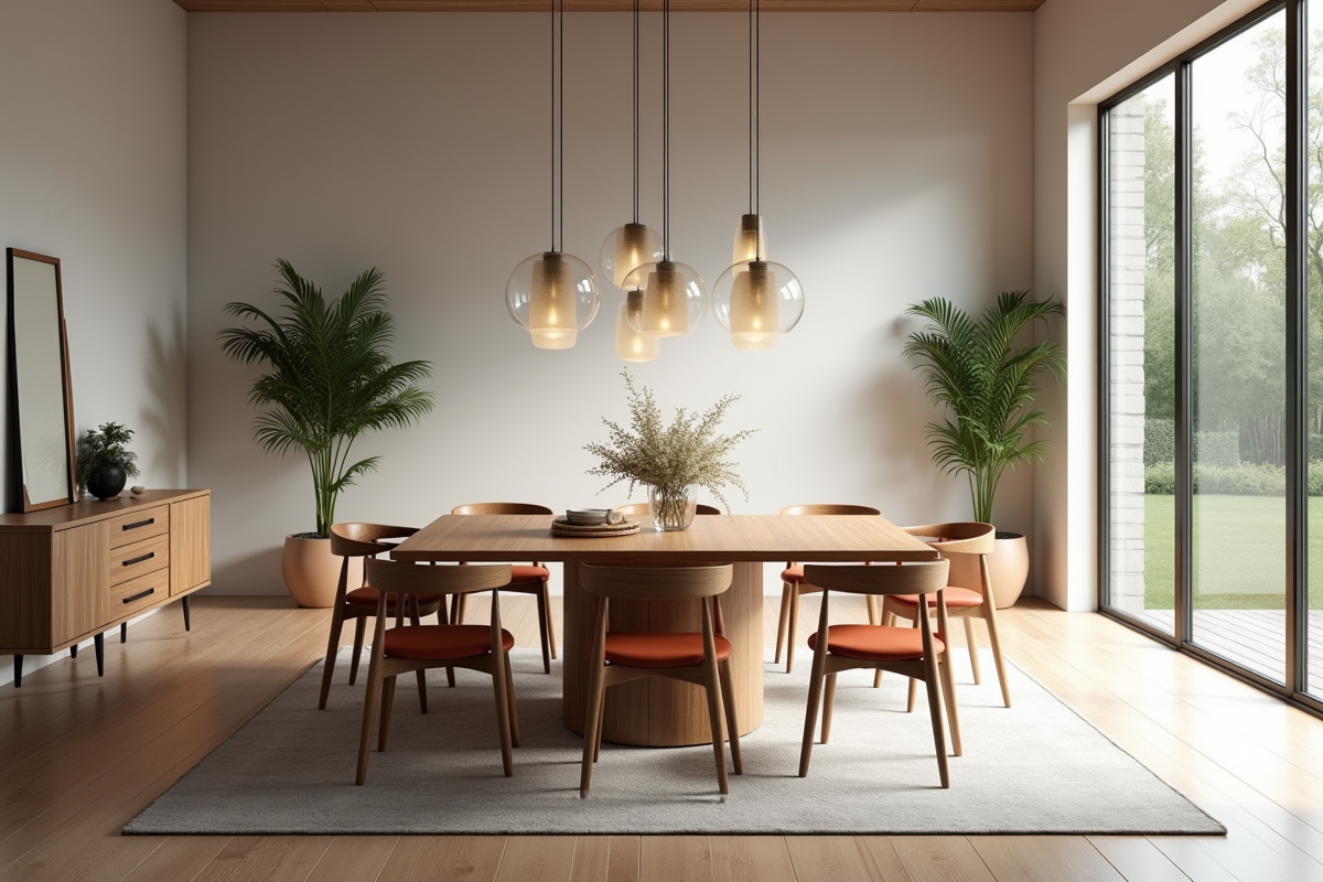 Salle a manger moderne avec table rectangulaire et chaises