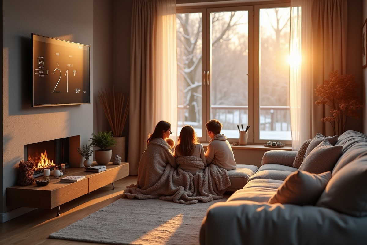 Salon chaleureux en hiver avec famille et thermostat digital
