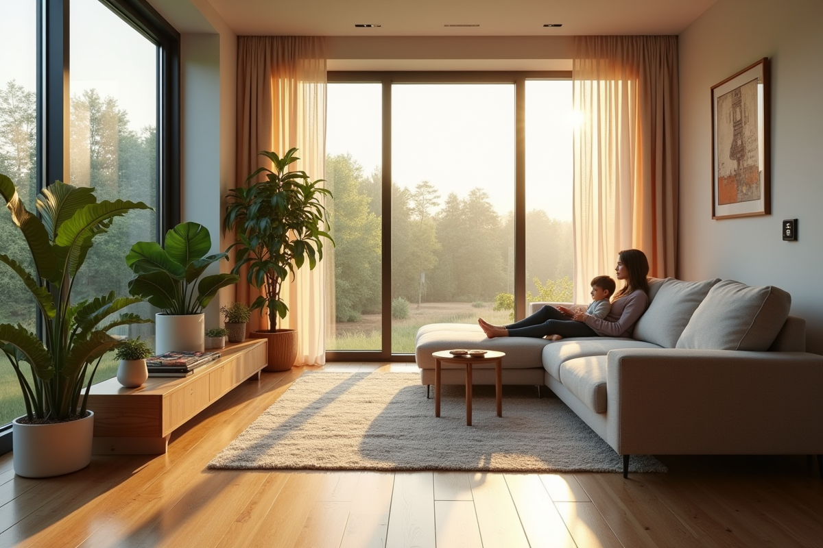 Salon moderne avec chauffage au sol écologique et famille relaxant