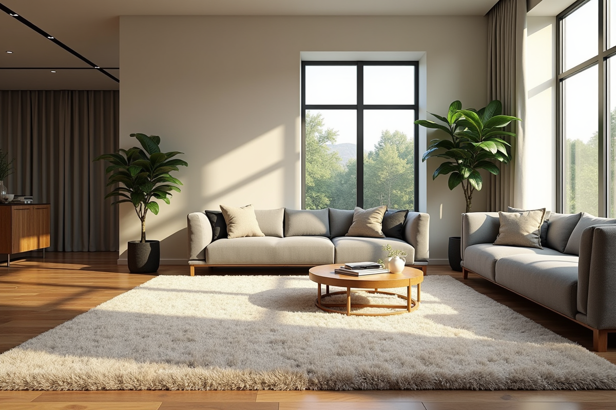 Salon moderne avec canapé gris et tapis beige cosy