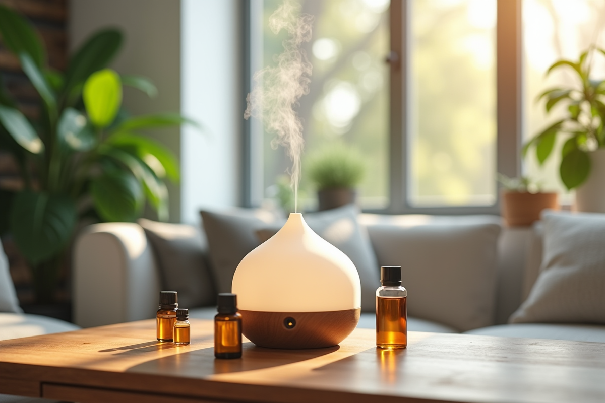 Salon moderne avec diffuseur d huiles essentielles et plantes vertes