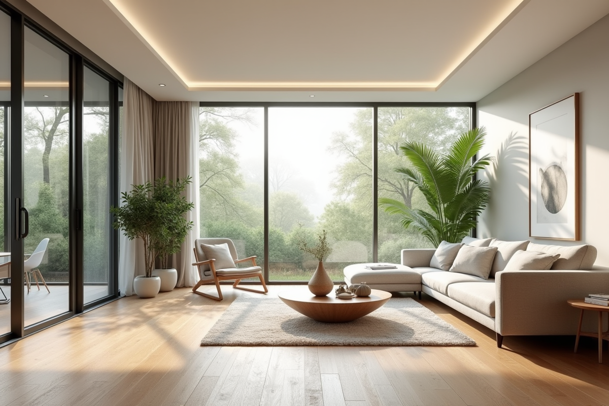 Salon moderne avec sol en bois écologique et mobilier scandinave