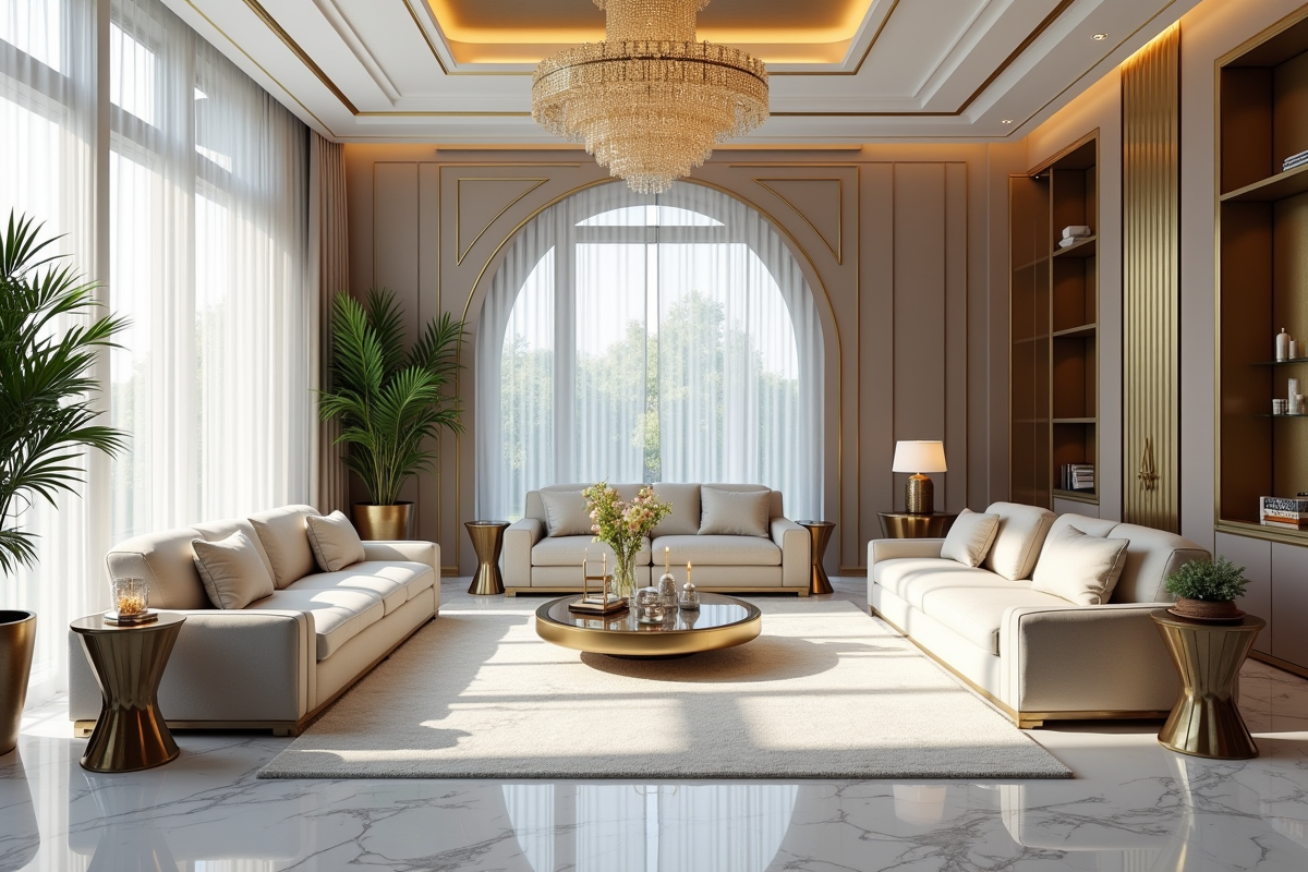 Salon moderne avec marbre et mobilier design élégant