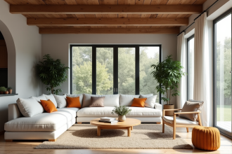 Salon maison moderne avec poutres en bois et lumière naturelle