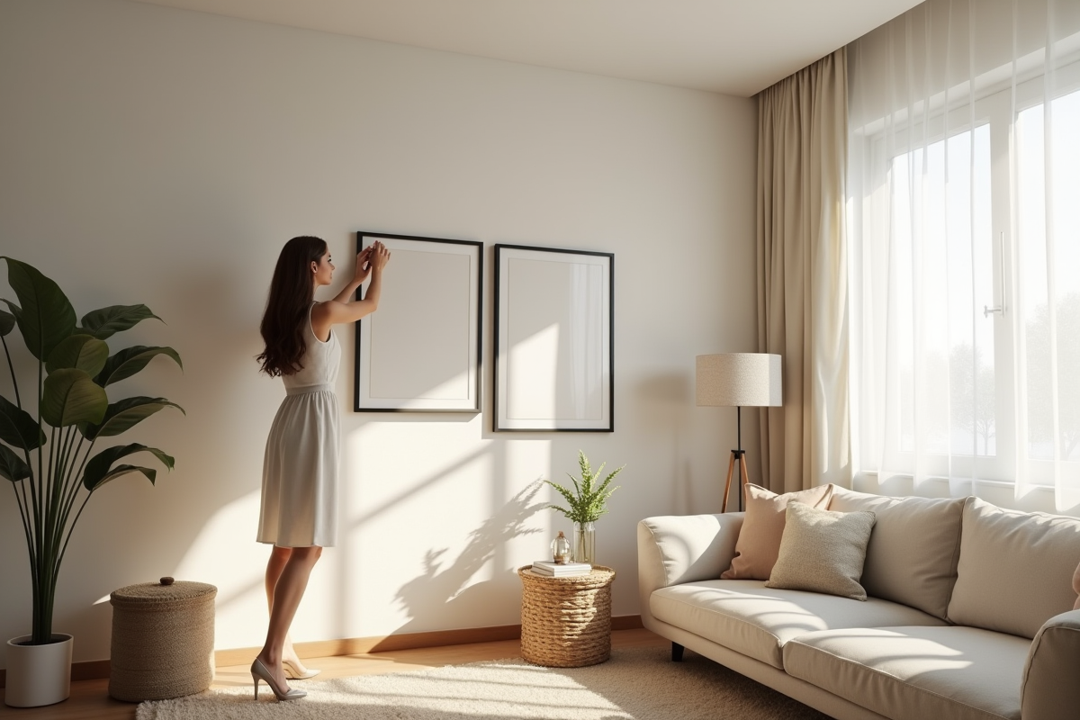 Salon cosy avec œuvres d'art et lumière naturelle