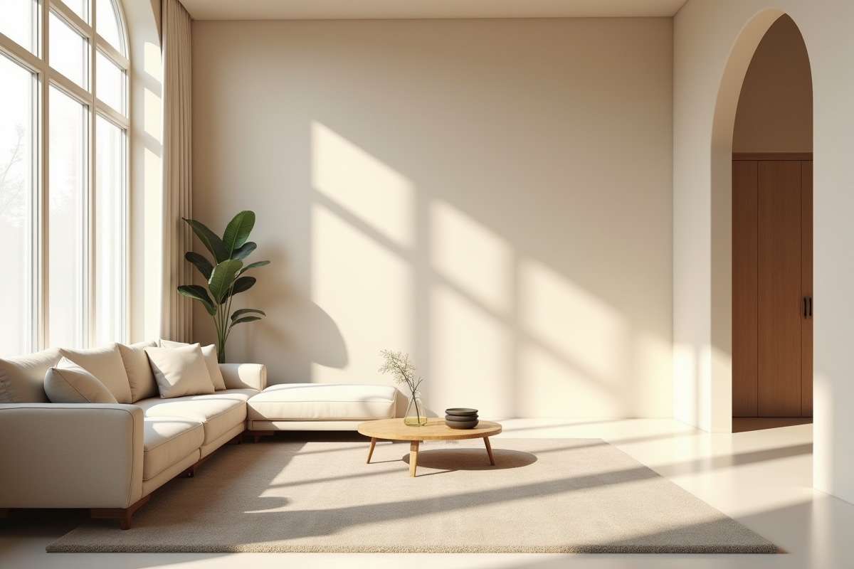 Salon moderne avec murs beige et mobilier minimaliste