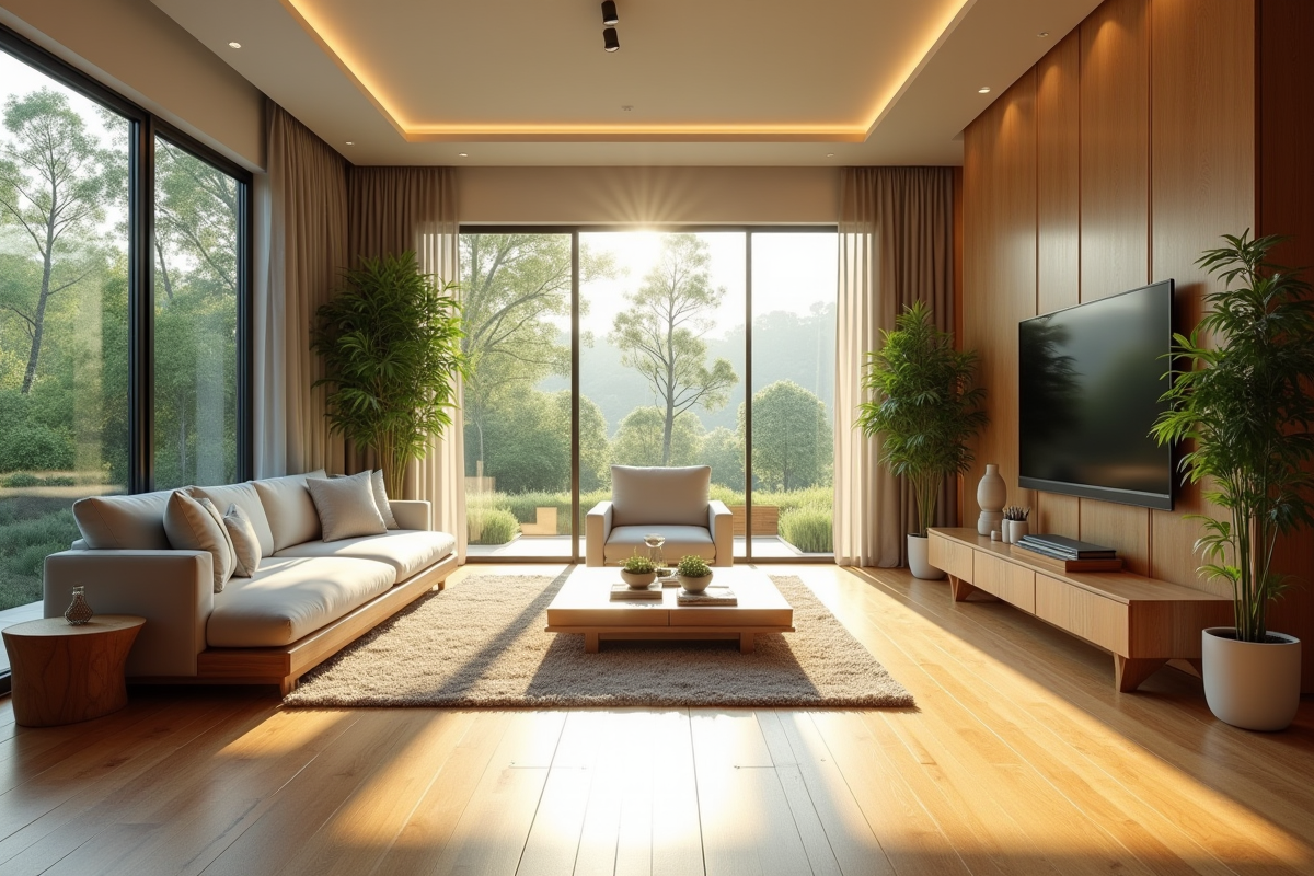 Salon moderne avec sol en bambou naturel et grande fenetre