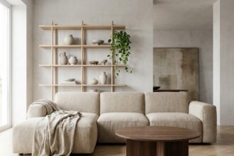Salon moderne aménagé avec un canapé en lin beige, une table basse en noyer et des étagères minimalistes dans un appartement style scandinave