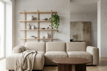 Salon moderne aménagé avec un canapé en lin beige, une table basse en noyer et des étagères minimalistes dans un appartement style scandinave
