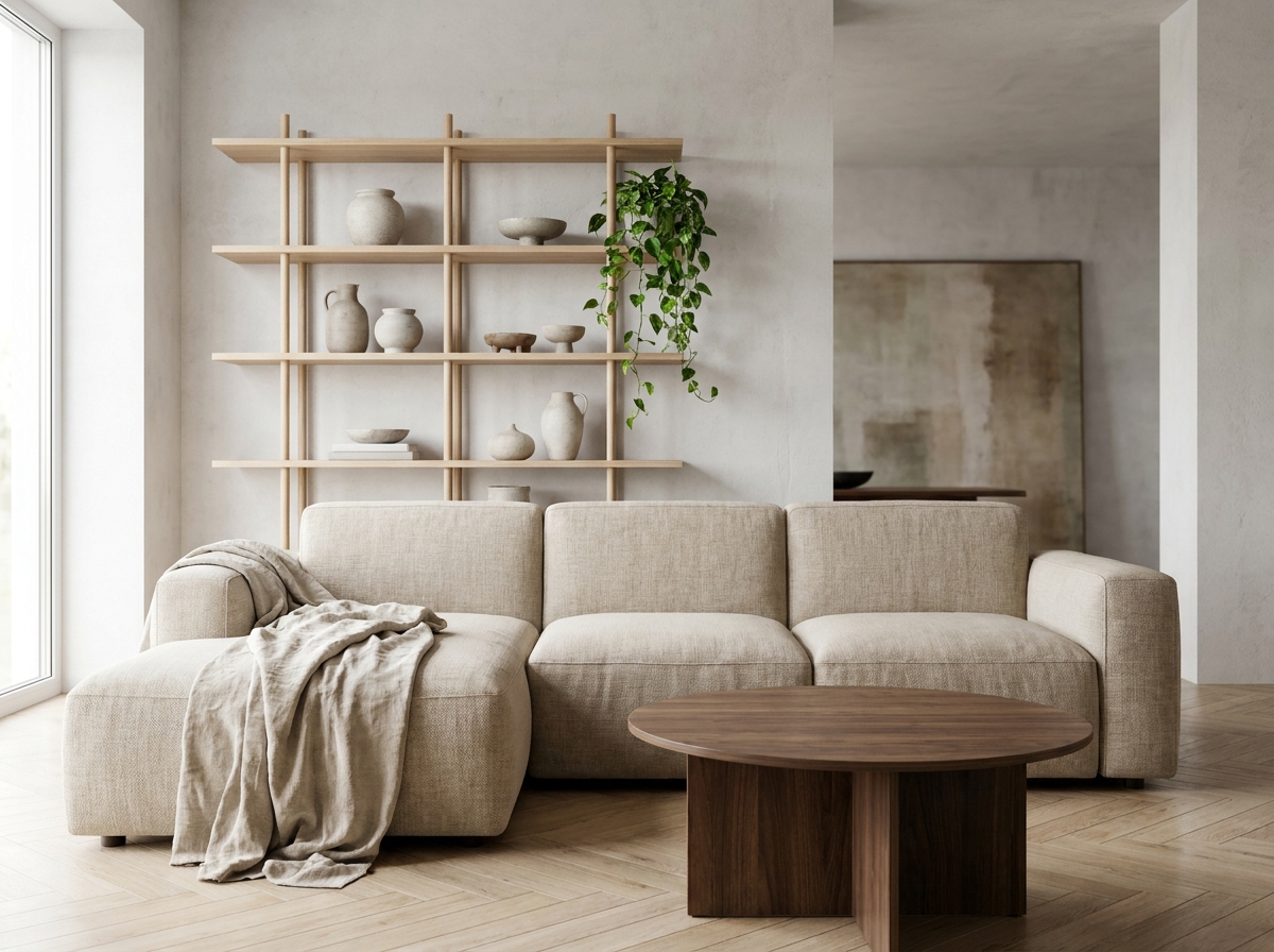 Salon moderne aménagé avec un canapé en lin beige, une table basse en noyer et des étagères minimalistes dans un appartement style scandinave