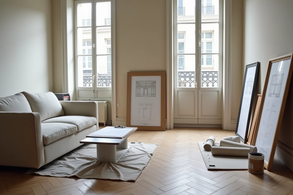 Salon en cours de rénovation avec des échantillons de décoration et une liste de prix posée sur le parquet