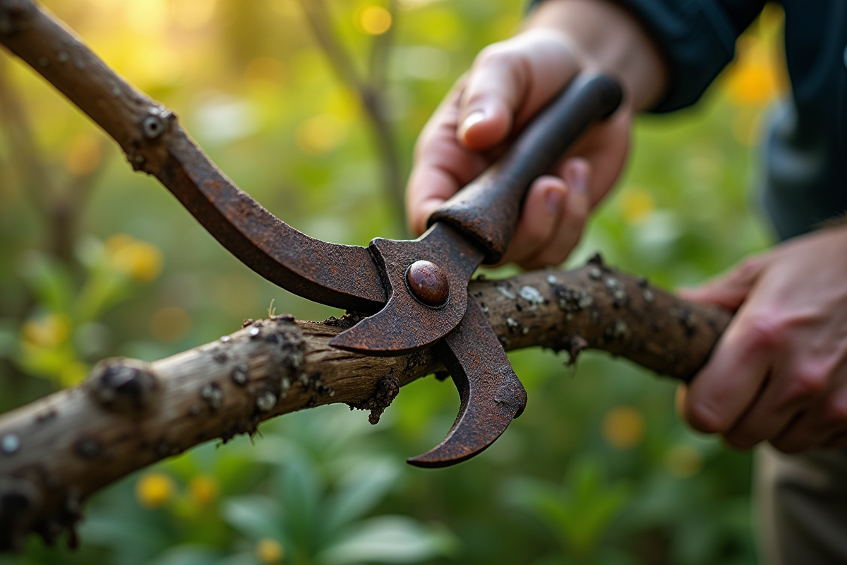 Coup de zoom sur sécateurs rouillés coupant une branche de jardin