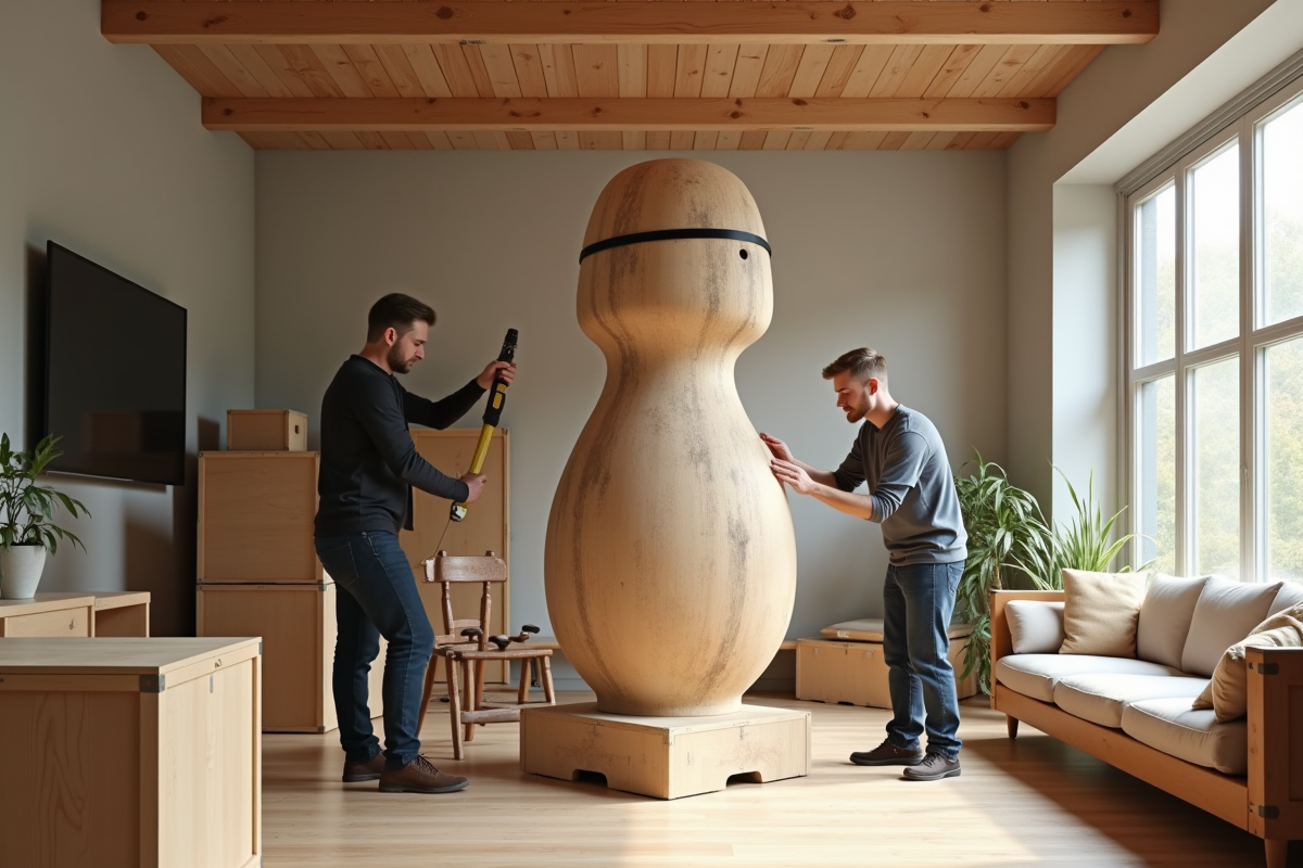 Professionnels emballant une sculpture dans un salon lumineux avec caisses en bois